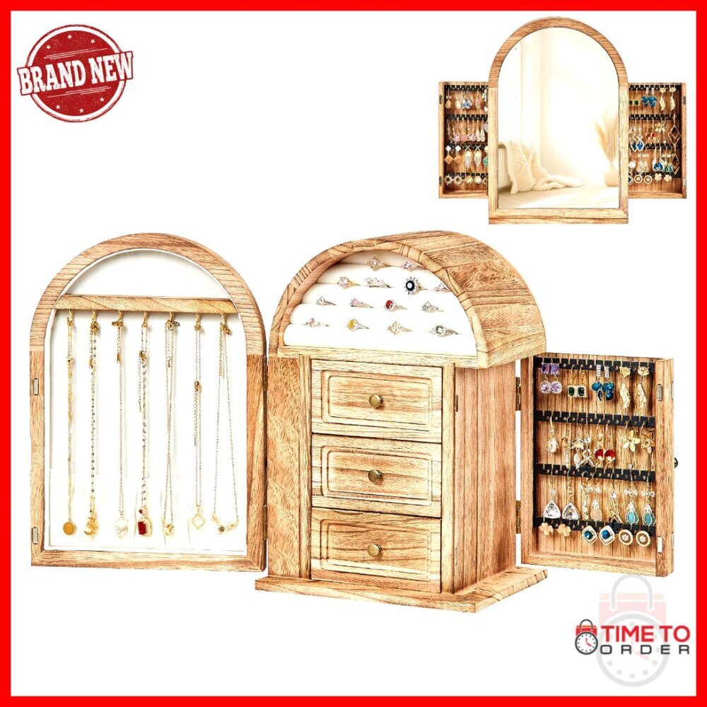 Solid Wood Jewelry Box Organizer with Mirror Drawers Vintage Style Storage